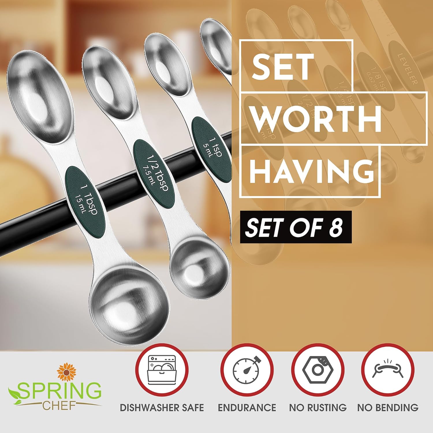 Spring Chef Magnetic Measuring Spoons Set with Strong N45 Magnets, Heavy Duty Stainless Steel Metal, Fits in Most Kitchen Spice Jars for Baking & Cooking, BPA Free, Black, Set of 8 with Leveler