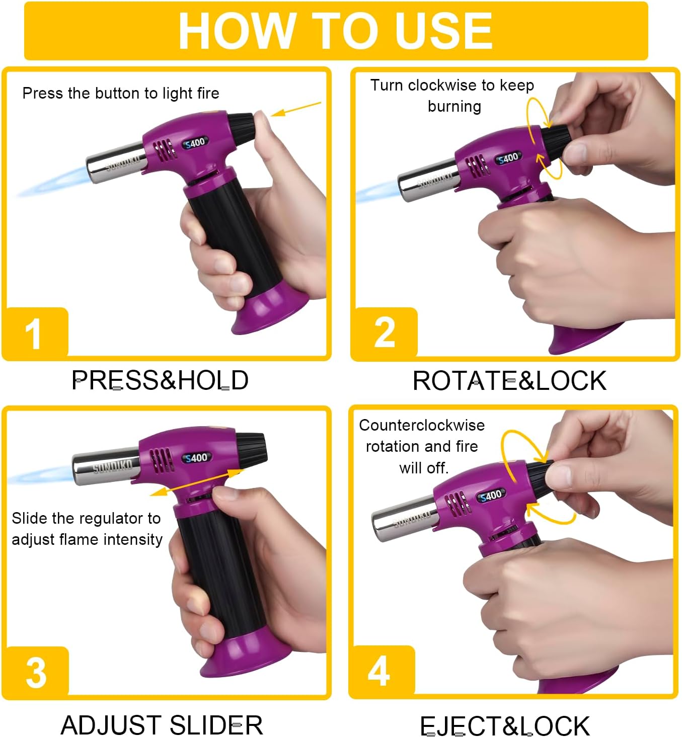 Sondiko Butane Torch S400, Refillable Kitchen Torch Lighter, Fit All Butane Tanks Blow Torch with Safety Lock and Adjustable Flame for Desserts, Creme Brulee, and Baking—Butane Gas Is Not Included