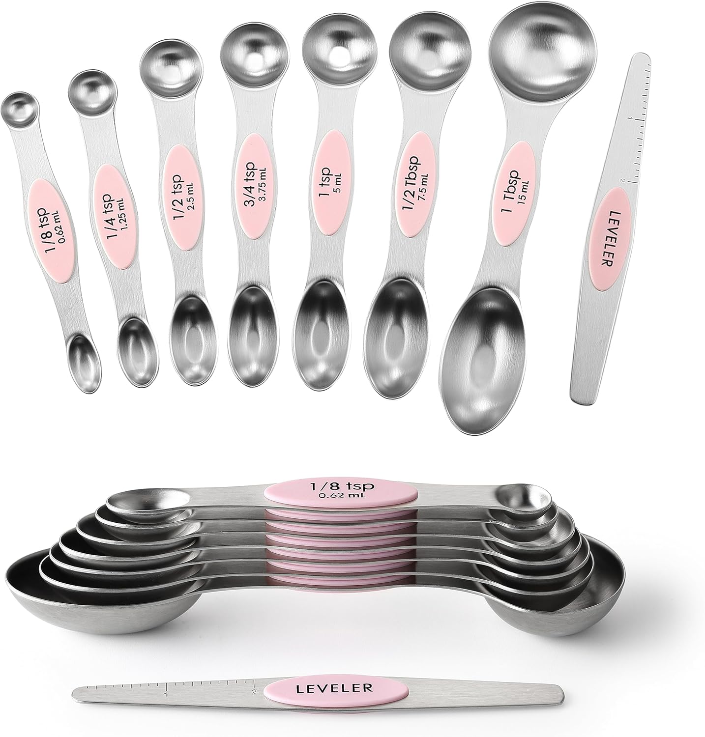 Spring Chef Magnetic Measuring Spoons Set with Strong N45 Magnets, Heavy Duty Stainless Steel Metal, Fits in Most Kitchen Spice Jars for Baking & Cooking, BPA Free, Black, Set of 8 with Leveler