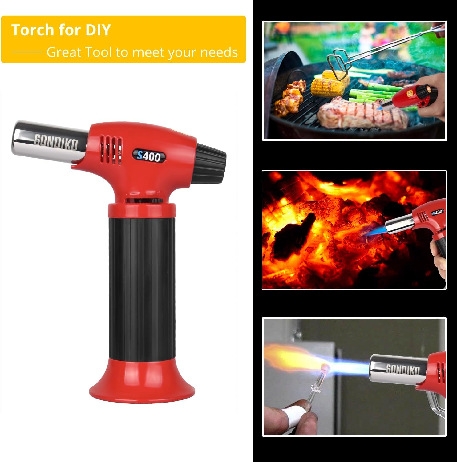 Sondiko Butane Torch S400, Refillable Kitchen Torch Lighter, Fit All Butane Tanks Blow Torch with Safety Lock and Adjustable Flame for Desserts, Creme Brulee, and Baking—Butane Gas Is Not Included