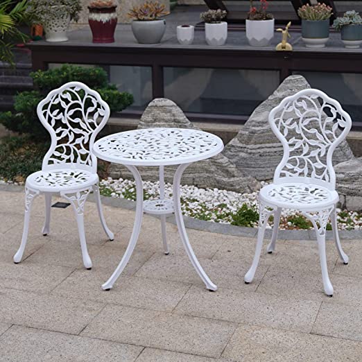 Sets 3 Piece cast Aluminum Patio Furniture Outdoor Garden Metal Rust Proof Tables and Chairs White bisrto Set (Leaf-White)