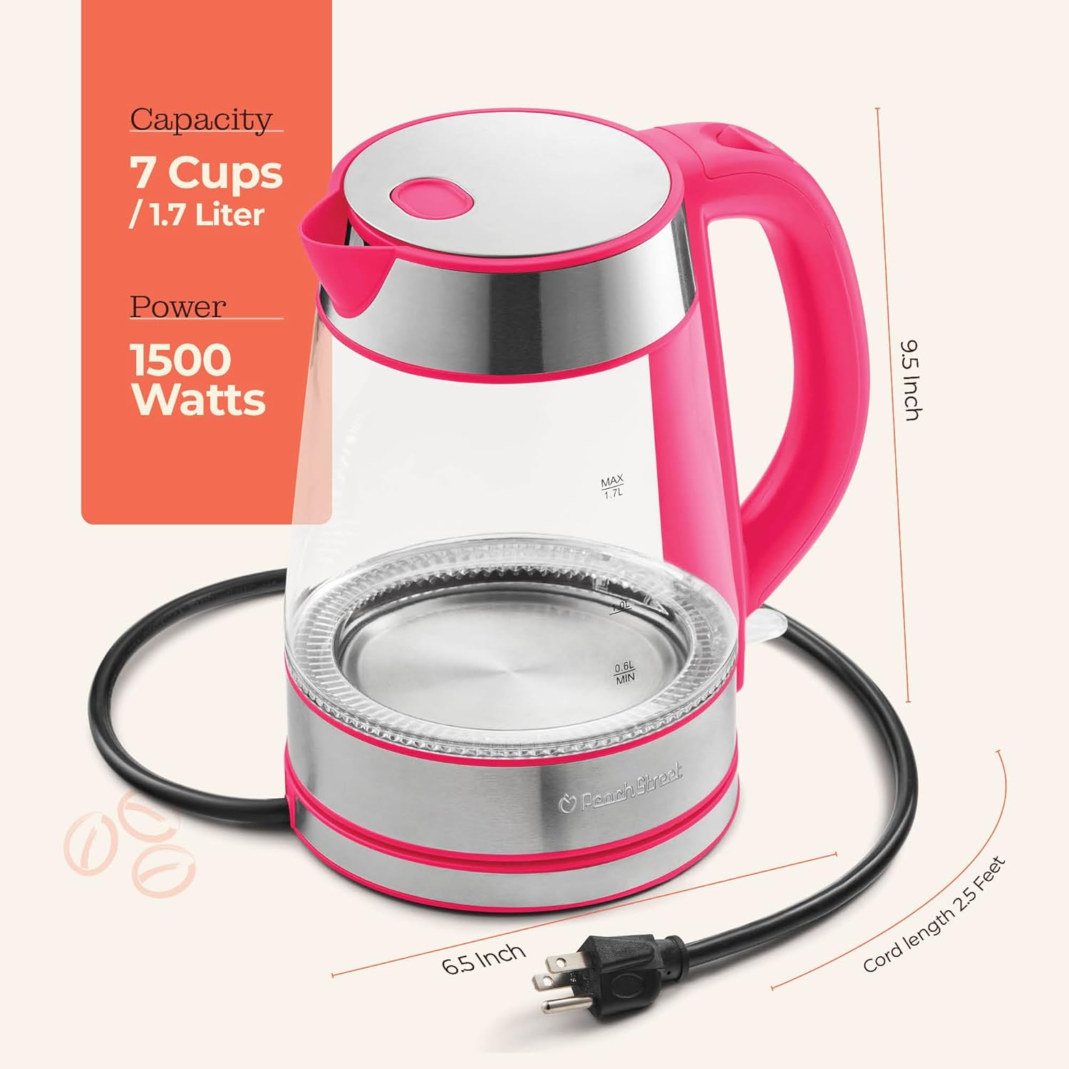 Speed-Boil Electric Kettle For Coffee & Tea - 1.7L Water Boiler 1500W, Borosilicate Glass, Easy Clean Wide Opening, Auto Shut-Off, Cool Touch Handle, LED Light. 360° Rotation, Boil Dry Protection