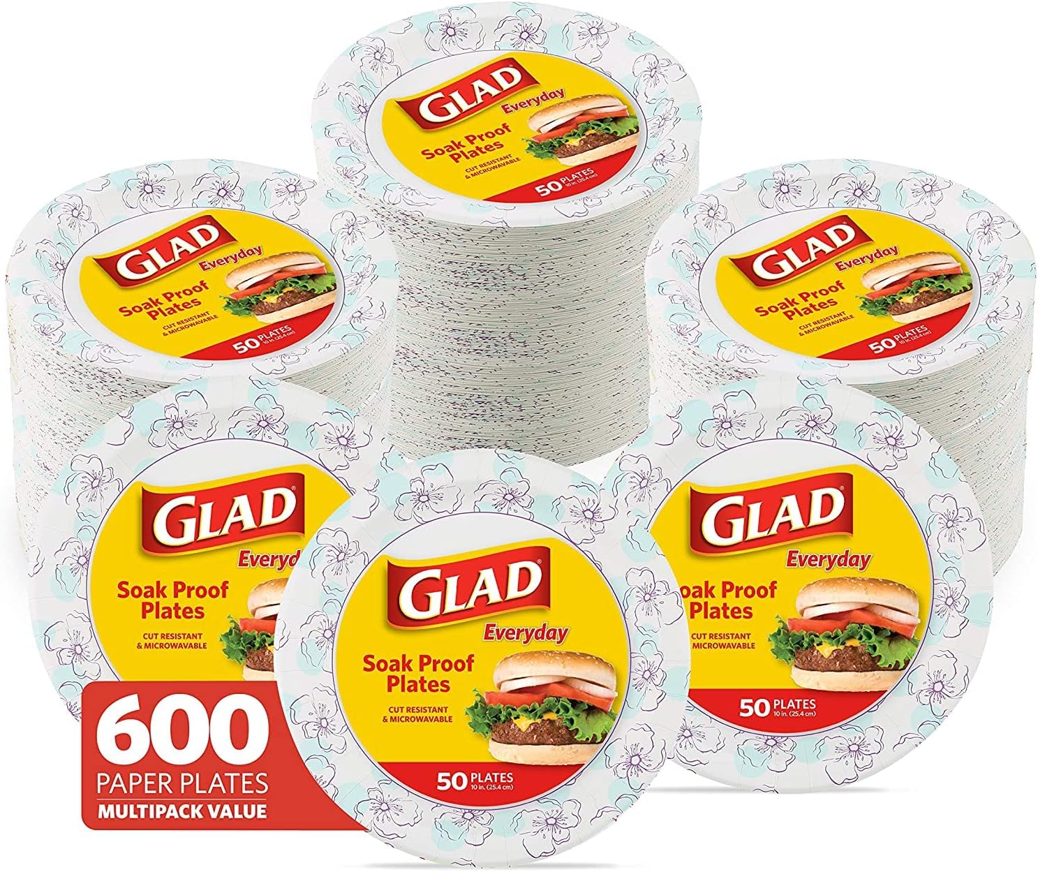 Glad Round Disposable Paper Plates 10 in, Blue Flower|Soak Proof, Cut Proof, Microwave Safe Heavy Duty Paper Plates For Parties|50 Count Bulk Paper Plates 10 Inch