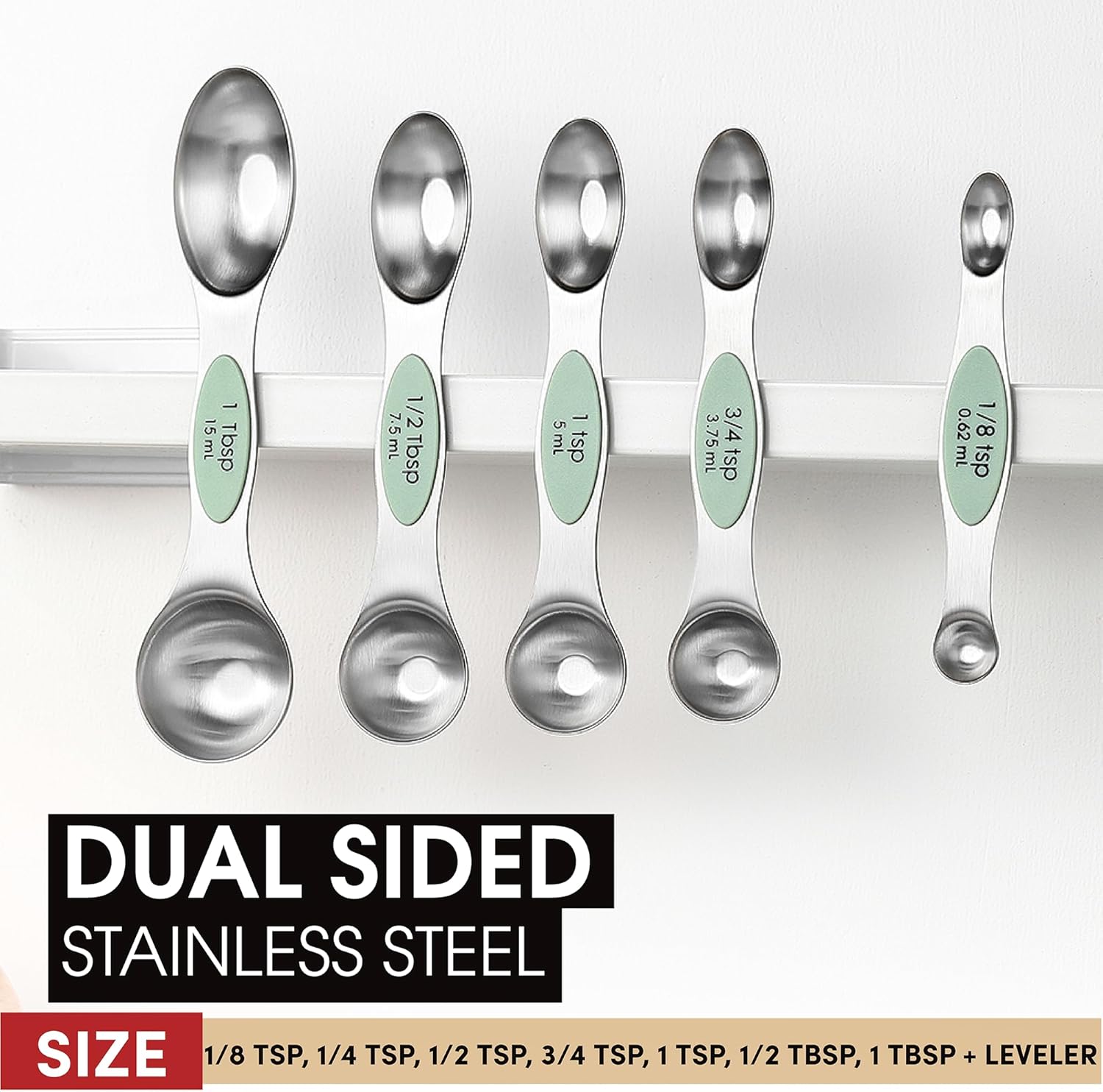 Spring Chef Magnetic Measuring Spoons Set with Strong N45 Magnets, Heavy Duty Stainless Steel Metal, Fits in Most Kitchen Spice Jars for Baking & Cooking, BPA Free, Black, Set of 8 with Leveler