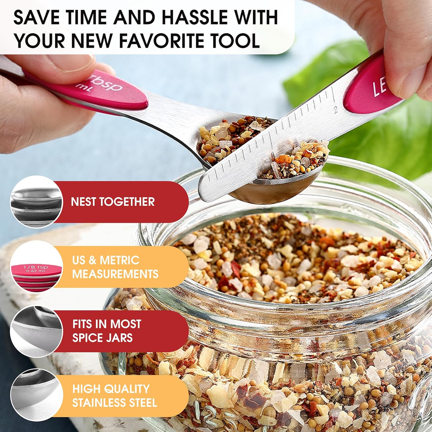 Spring Chef Magnetic Measuring Spoons Set with Strong N45 Magnets, Heavy Duty Stainless Steel Metal, Fits in Most Kitchen Spice Jars for Baking & Cooking, BPA Free, Black, Set of 8 with Leveler