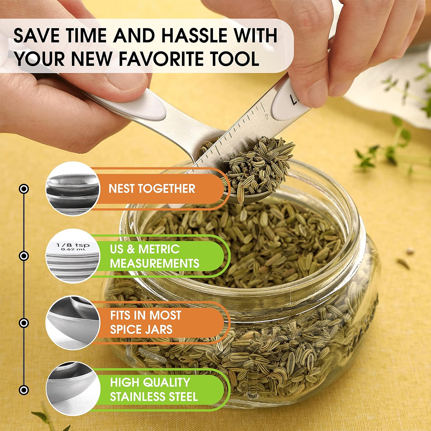 Spring Chef Magnetic Measuring Spoons Set with Strong N45 Magnets, Heavy Duty Stainless Steel Metal, Fits in Most Kitchen Spice Jars for Baking & Cooking, BPA Free, Black, Set of 8 with Leveler