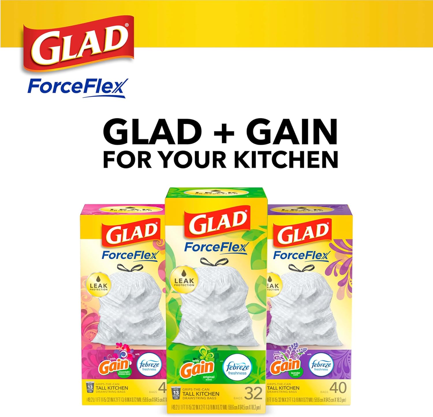 Glad Tall Kitchen Drawstring Trash Bags - Odorshield 13 Gallon White Trash Bag, Febreze Fresh Clean, 110 Count