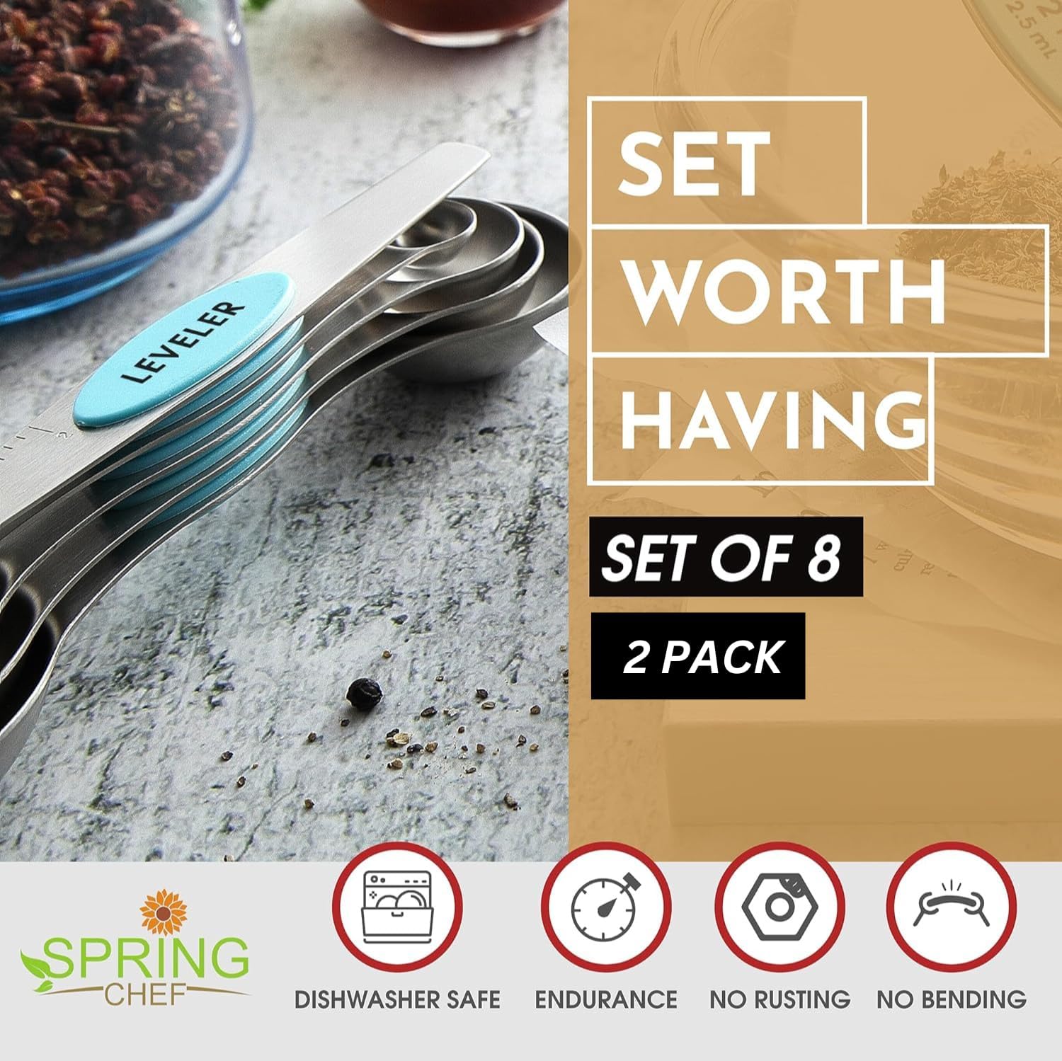 Spring Chef Magnetic Measuring Spoons Set with Strong N45 Magnets, Heavy Duty Stainless Steel Metal, Fits in Most Kitchen Spice Jars for Baking & Cooking, BPA Free, Black, Set of 8 with Leveler