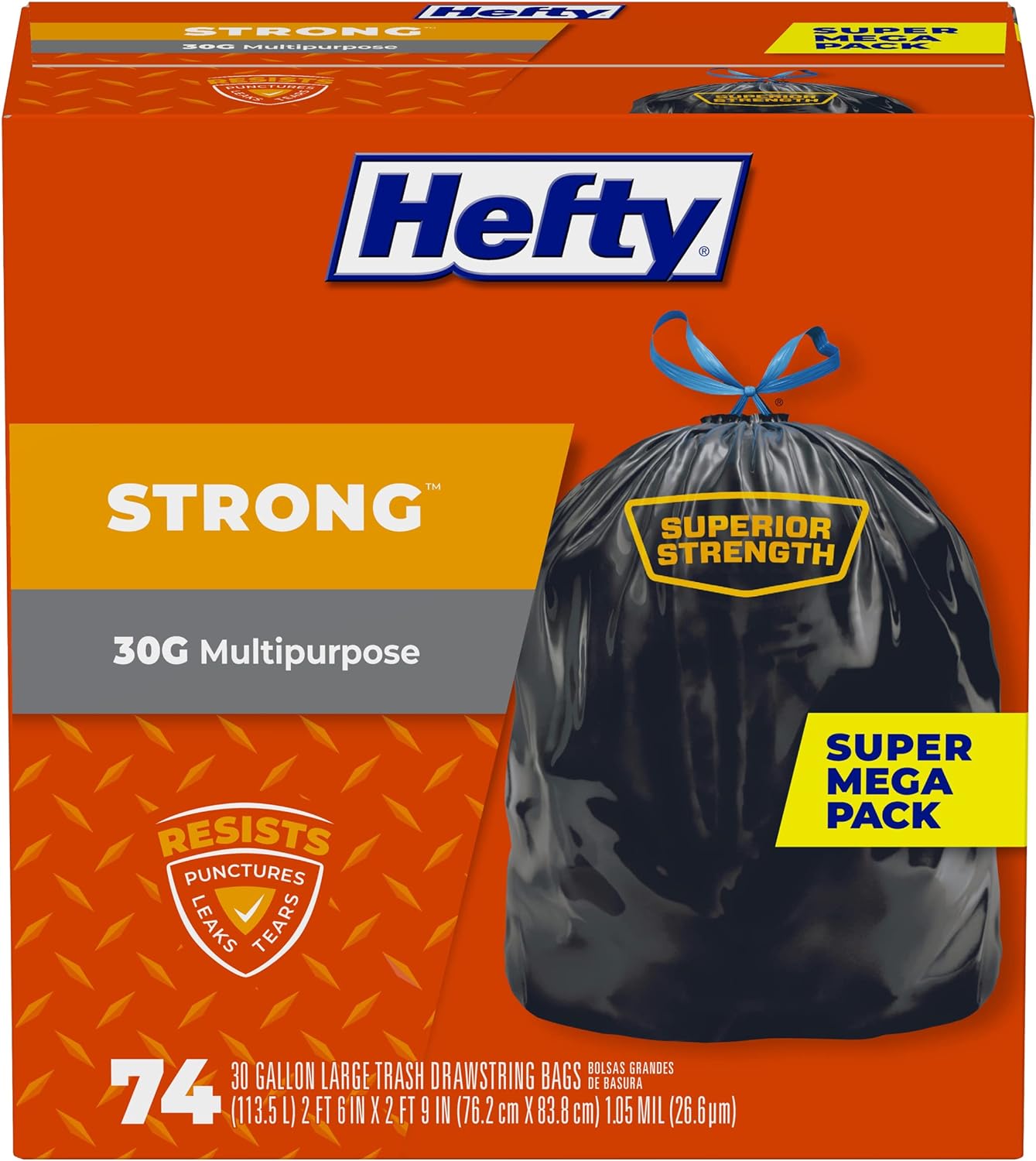 Hefty Strong Large Trash Bags, 30 Gallon, 74 Count (Packaging may vary)