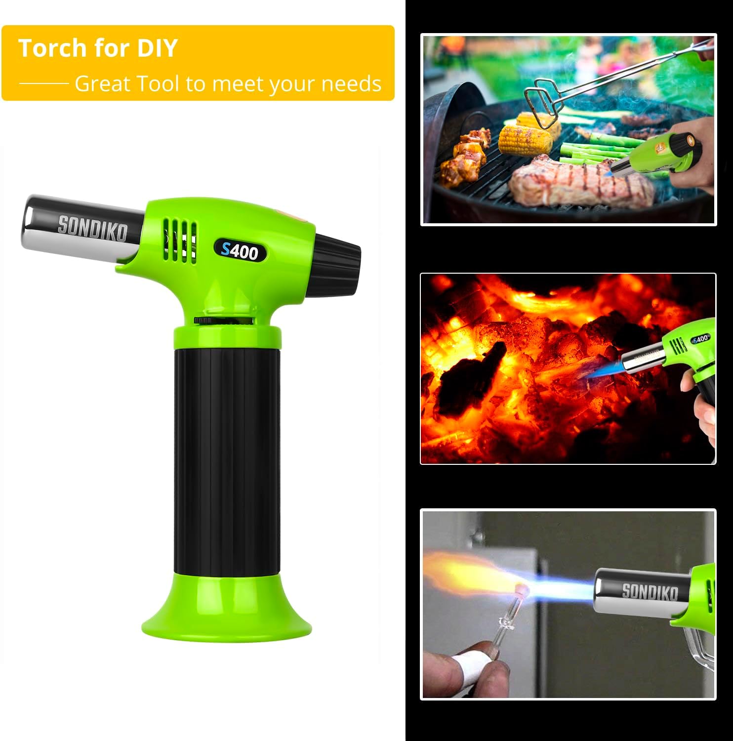 Sondiko Butane Torch S400, Refillable Kitchen Torch Lighter, Fit All Butane Tanks Blow Torch with Safety Lock and Adjustable Flame for Desserts, Creme Brulee, and Baking—Butane Gas Is Not Included