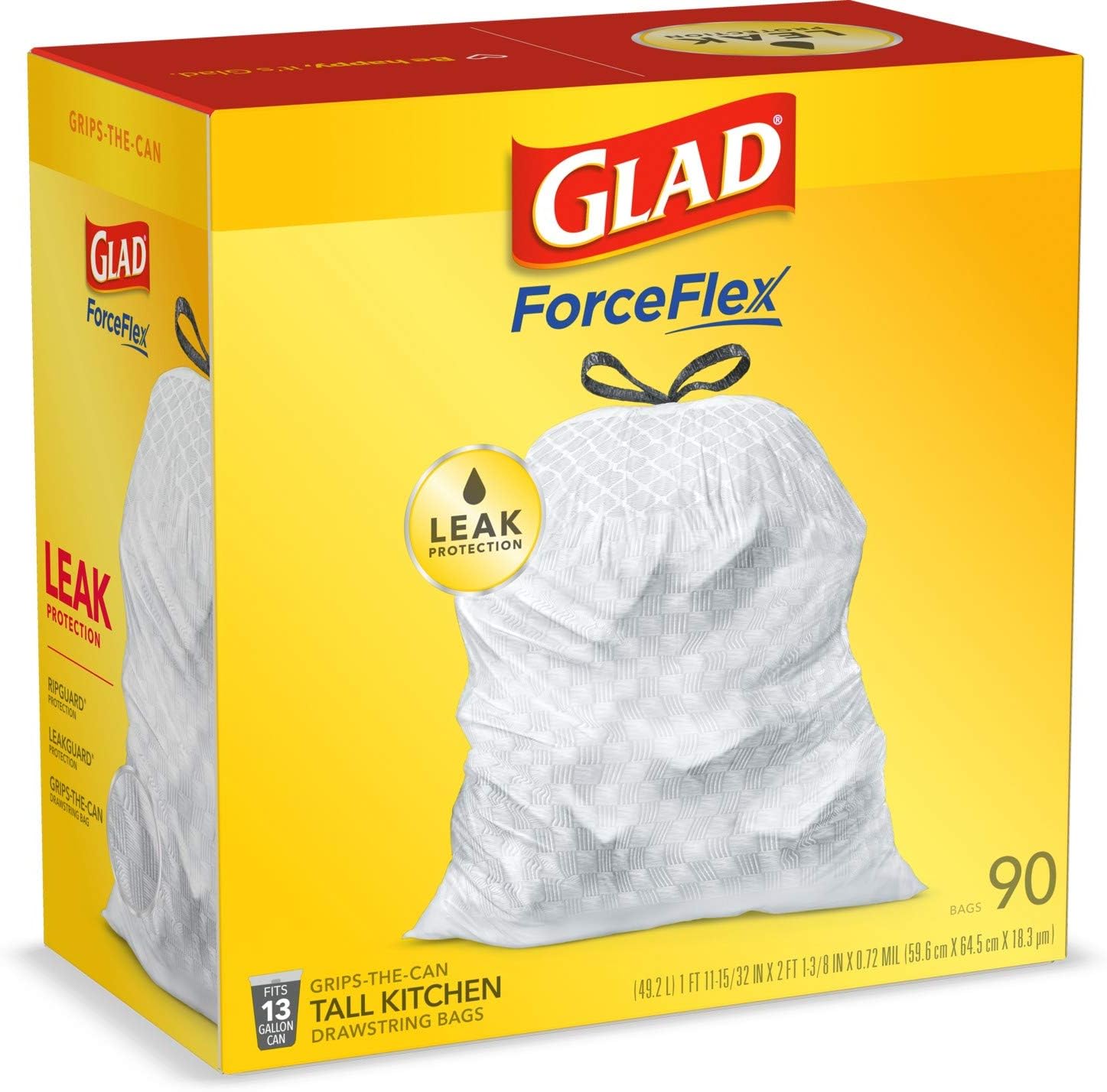 GLAD ForceFlex Tall Drawstring Trash Bags, 13 Gallon White Trash Bags for Tall Kitchen Trash Can, Unscented Leak Protection Bags, 120 Count - Packaging May Vary
