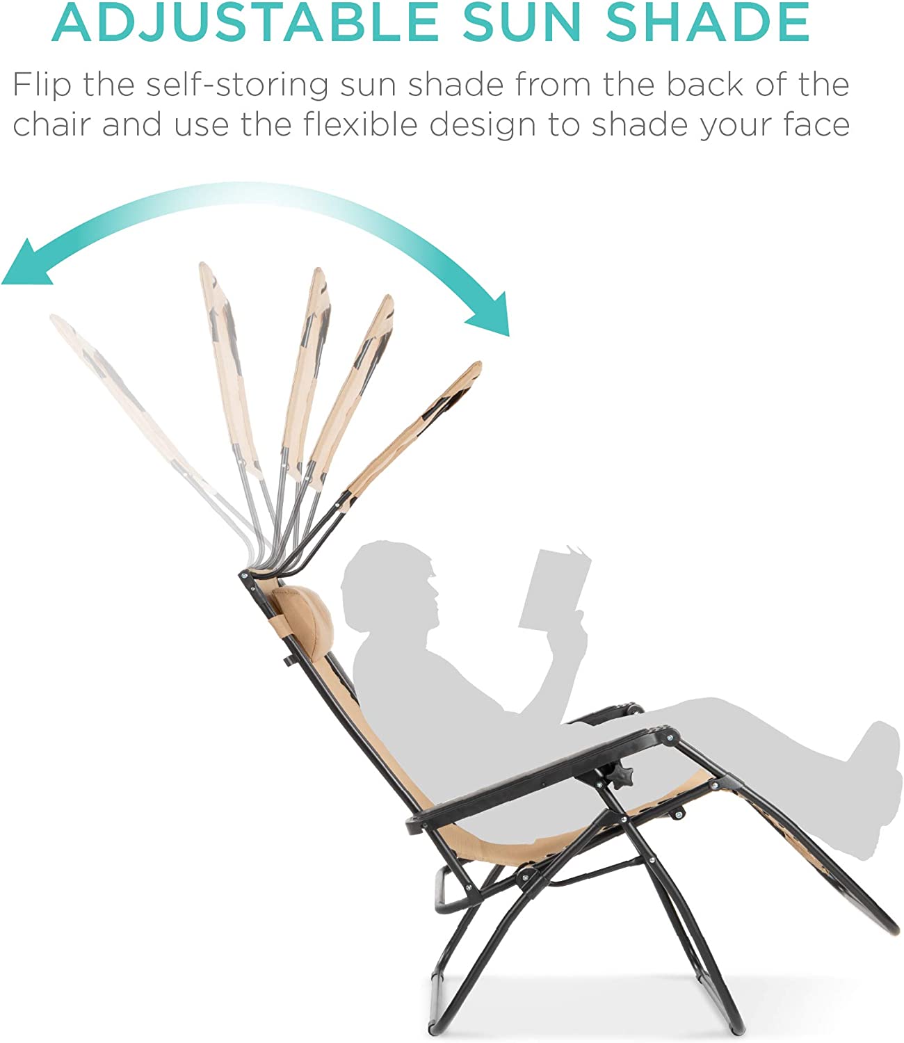 Folding Zero Gravity Outdoor Recliner Patio Lounge Chair w/Adjustable Canopy Shade, Headrest, Side Accessory Tray, Textilene Mesh - Beige