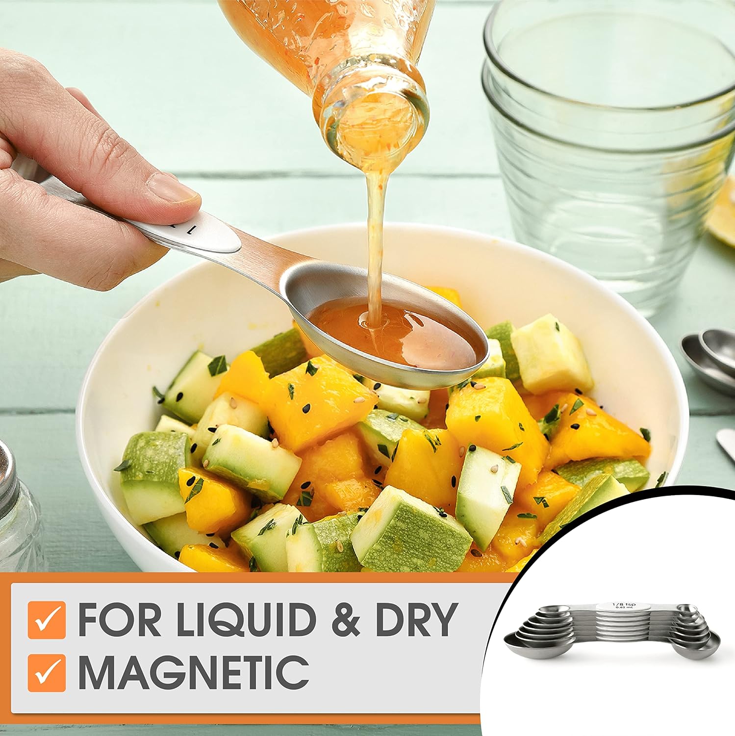 Spring Chef Magnetic Measuring Spoons Set with Strong N45 Magnets, Heavy Duty Stainless Steel Metal, Fits in Most Kitchen Spice Jars for Baking & Cooking, BPA Free, Black, Set of 8 with Leveler