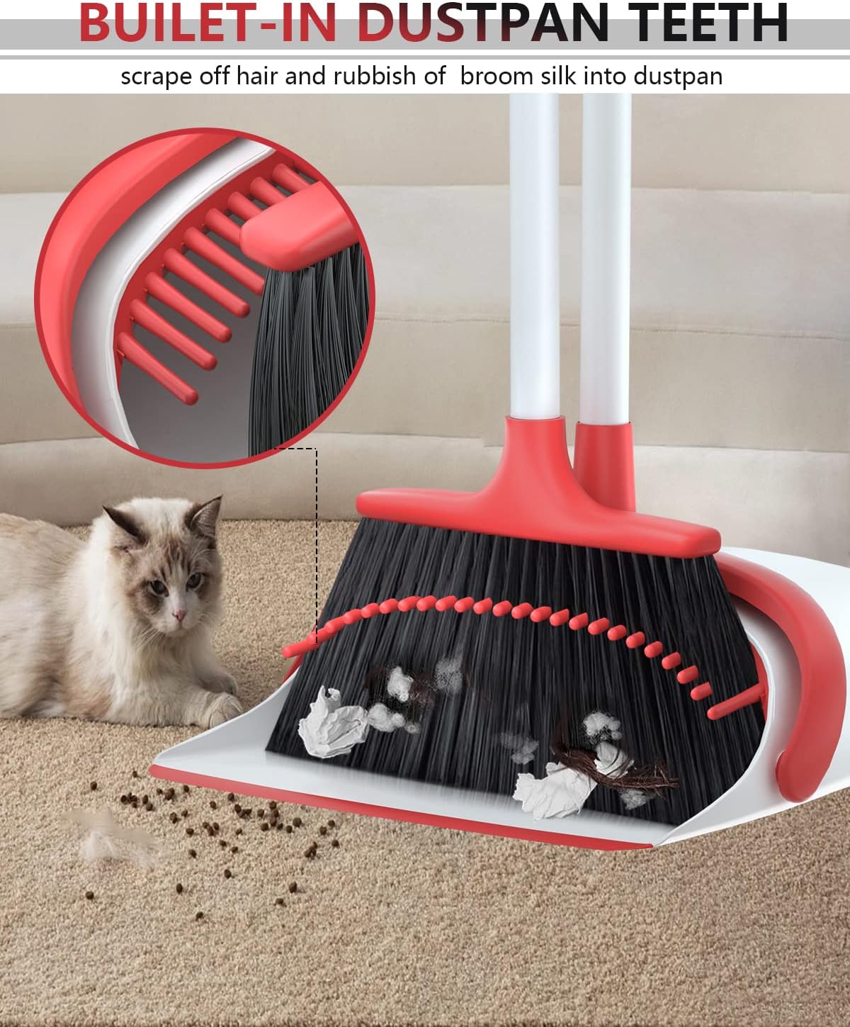 Broom with Dustpan Combo Set, Upgrade Broom and Dustpan Set for Home, 52'' Long Handle Broom and Dustpan Set, Standing Dustpan and Broom for Kitchen Office Lobby Floor