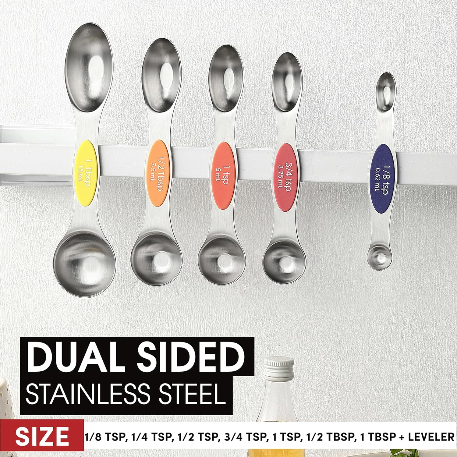 Spring Chef Magnetic Measuring Spoons Set with Strong N45 Magnets, Heavy Duty Stainless Steel Metal, Fits in Most Kitchen Spice Jars for Baking & Cooking, BPA Free, Black, Set of 8 with Leveler