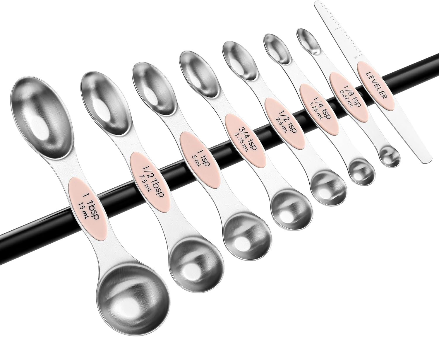 Spring Chef Magnetic Measuring Spoons Set with Strong N45 Magnets, Heavy Duty Stainless Steel Metal, Fits in Most Kitchen Spice Jars for Baking & Cooking, BPA Free, Black, Set of 8 with Leveler