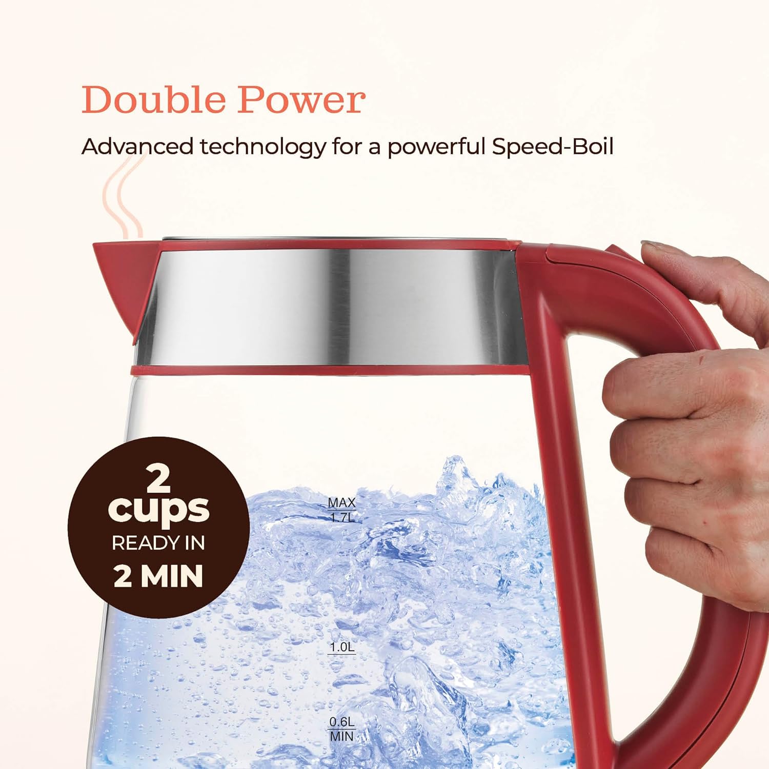 Speed-Boil Electric Kettle For Coffee & Tea - 1.7L Water Boiler 1500W, Borosilicate Glass, Easy Clean Wide Opening, Auto Shut-Off, Cool Touch Handle, LED Light. 360° Rotation, Boil Dry Protection