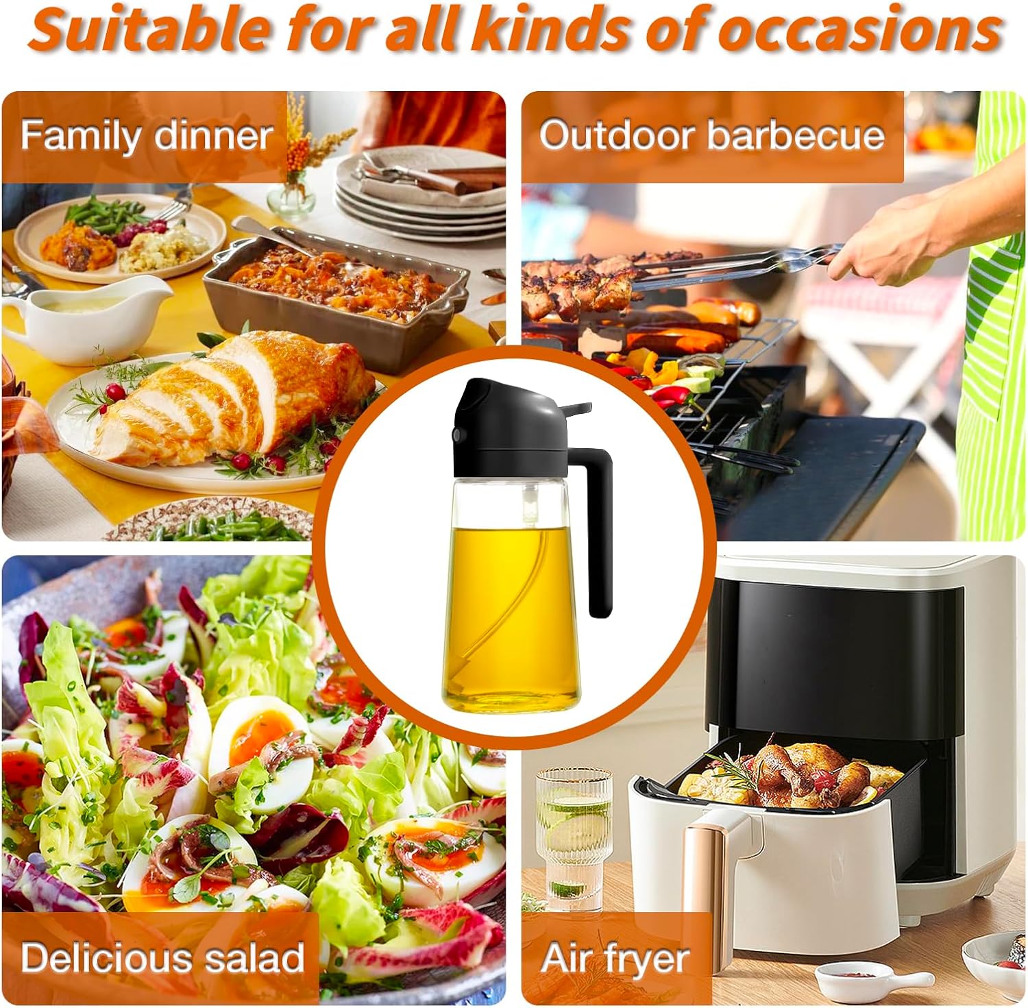 YARRAMATE Oil Sprayer for Cooking, 2 in 1 Olive Oil Dispenser Bottle for Kitchen, 16oz/470ml Premium Glass Oil Bottle, Food-grade Oil Mister for Air Fryer, Salad, Frying, BBQ (Creamy White)