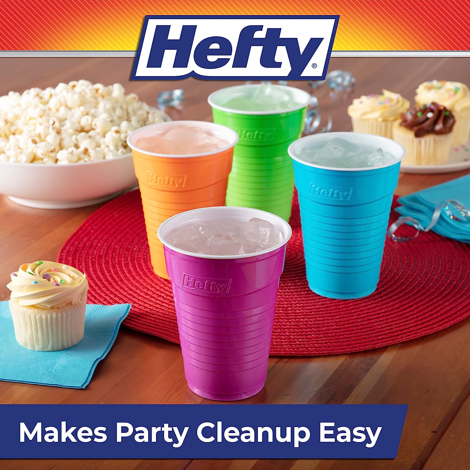 Hefty Party On Disposable Plastic Cups, Assorted, 16 Ounce, 100 Count