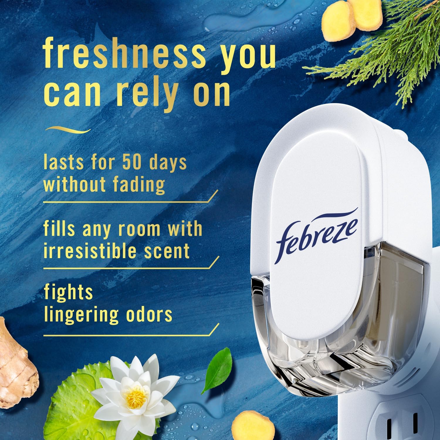 Febreze Plug in Air Fresheners for Home, Air Freshener Plug in, Wall Diffuser, Ocean Scent, Odor Fighter for Strong Odors, 1 Warmer + 2 Oil Refills