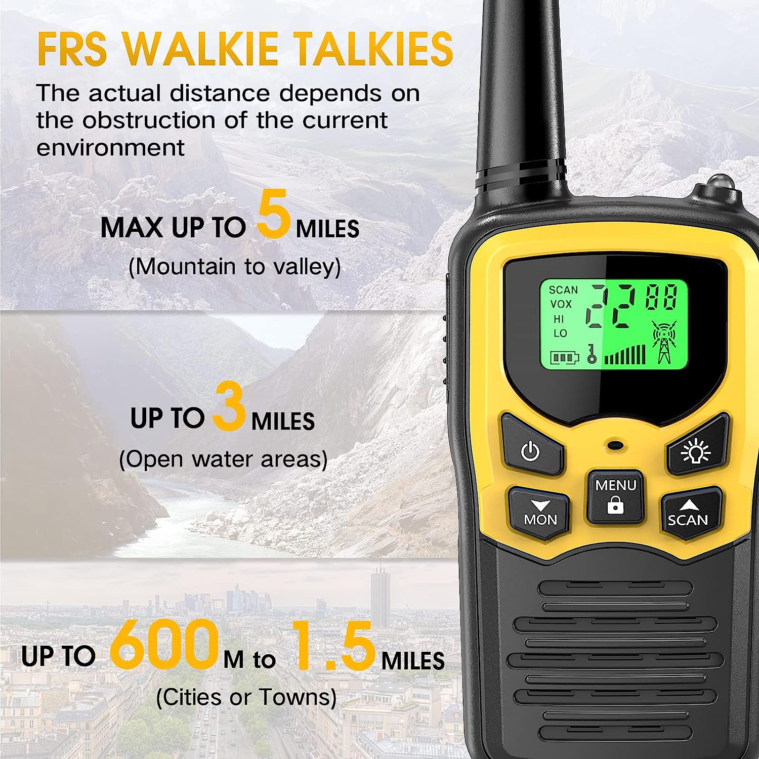 Walkie Talkies, MOICO Long Range Walkie Talkies for Adults with 22 FRS Channels, Family Walkie Talkie with LED Flashlight VOX LCD Display for Hiking Camping Trip (Orange 2 Pack)