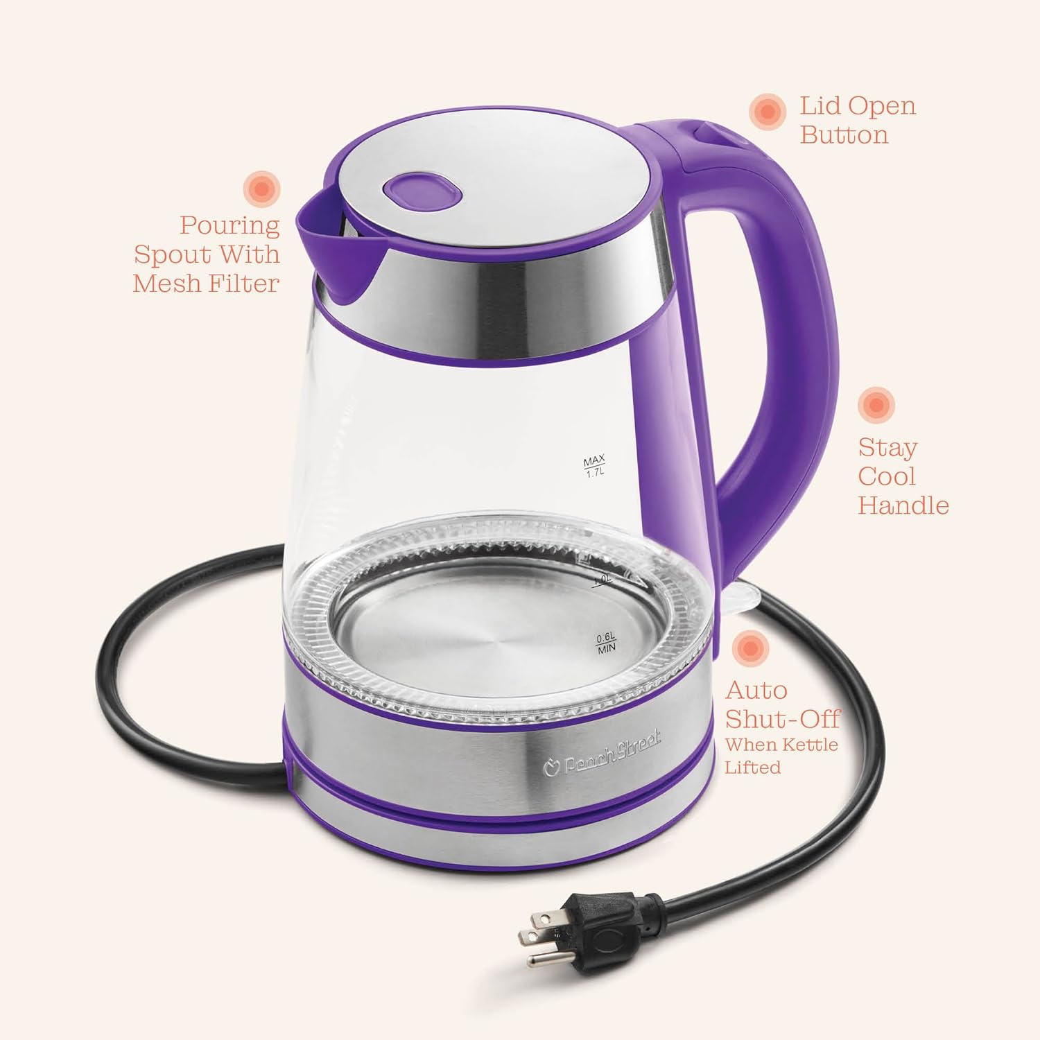 Speed-Boil Electric Kettle For Coffee & Tea - 1.7L Water Boiler 1500W, Borosilicate Glass, Easy Clean Wide Opening, Auto Shut-Off, Cool Touch Handle, LED Light. 360° Rotation, Boil Dry Protection