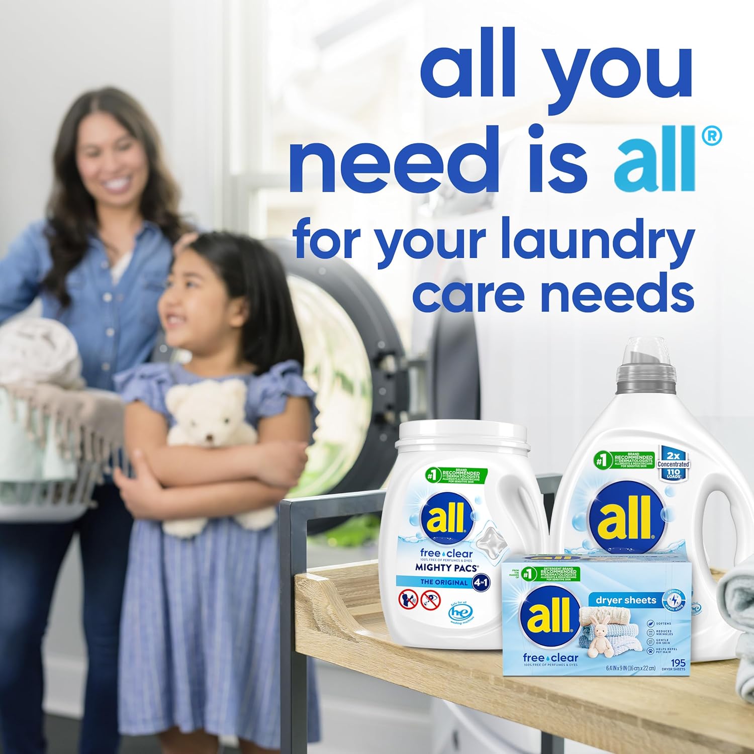 All Mighty Pacs Laundry Detergent, Free Clear for Sensitive Skin, Tub, 60 Count