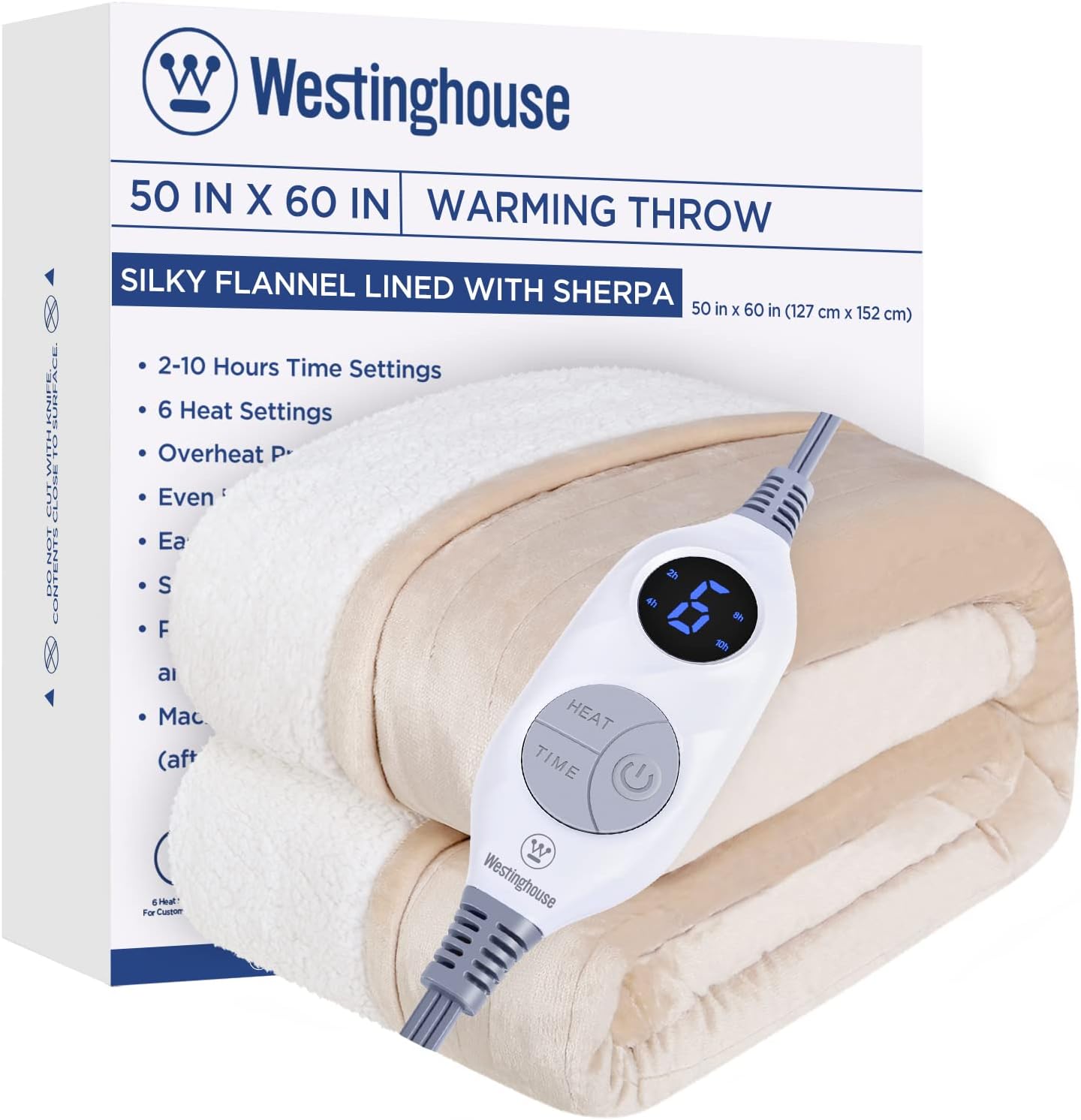 Westinghouse Heated Throw Blanket, Electric Blanket Throw with 6 Heating Levels and 2-10 Hours Time Settings, Flannel to Sherpa Super Cozy Heated Blanket Machine Washable, 50x60 inch, Charcoal