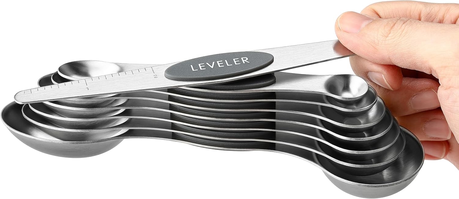 Spring Chef Magnetic Measuring Spoons Set with Strong N45 Magnets, Heavy Duty Stainless Steel Metal, Fits in Most Kitchen Spice Jars for Baking & Cooking, BPA Free, Black, Set of 8 with Leveler