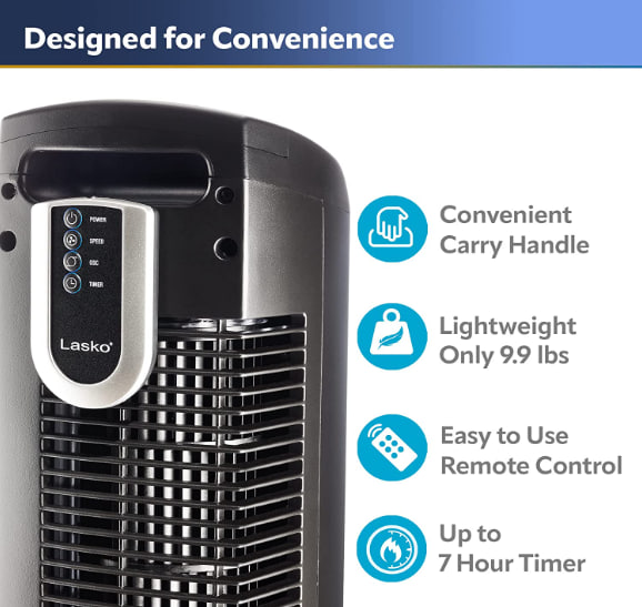 Lasko Oscillating Tower Fan, Remote Control, 3 Speeds, for Bedroom, Kitchen, Office, 36′′, Black