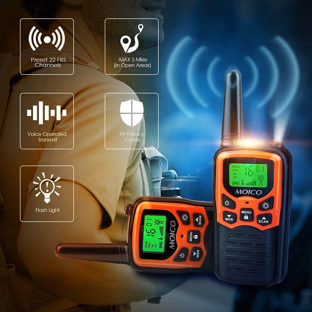 Walkie Talkies, MOICO Long Range Walkie Talkies for Adults with 22 FRS Channels, Family Walkie Talkie with LED Flashlight VOX LCD Display for Hiking Camping Trip (Orange 2 Pack)
