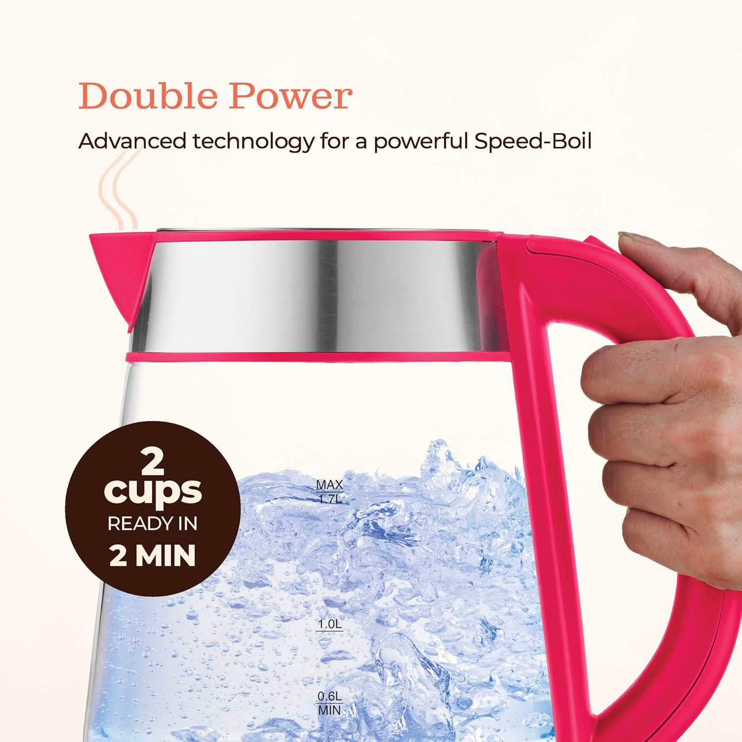 Speed-Boil Electric Kettle For Coffee & Tea - 1.7L Water Boiler 1500W, Borosilicate Glass, Easy Clean Wide Opening, Auto Shut-Off, Cool Touch Handle, LED Light. 360° Rotation, Boil Dry Protection
