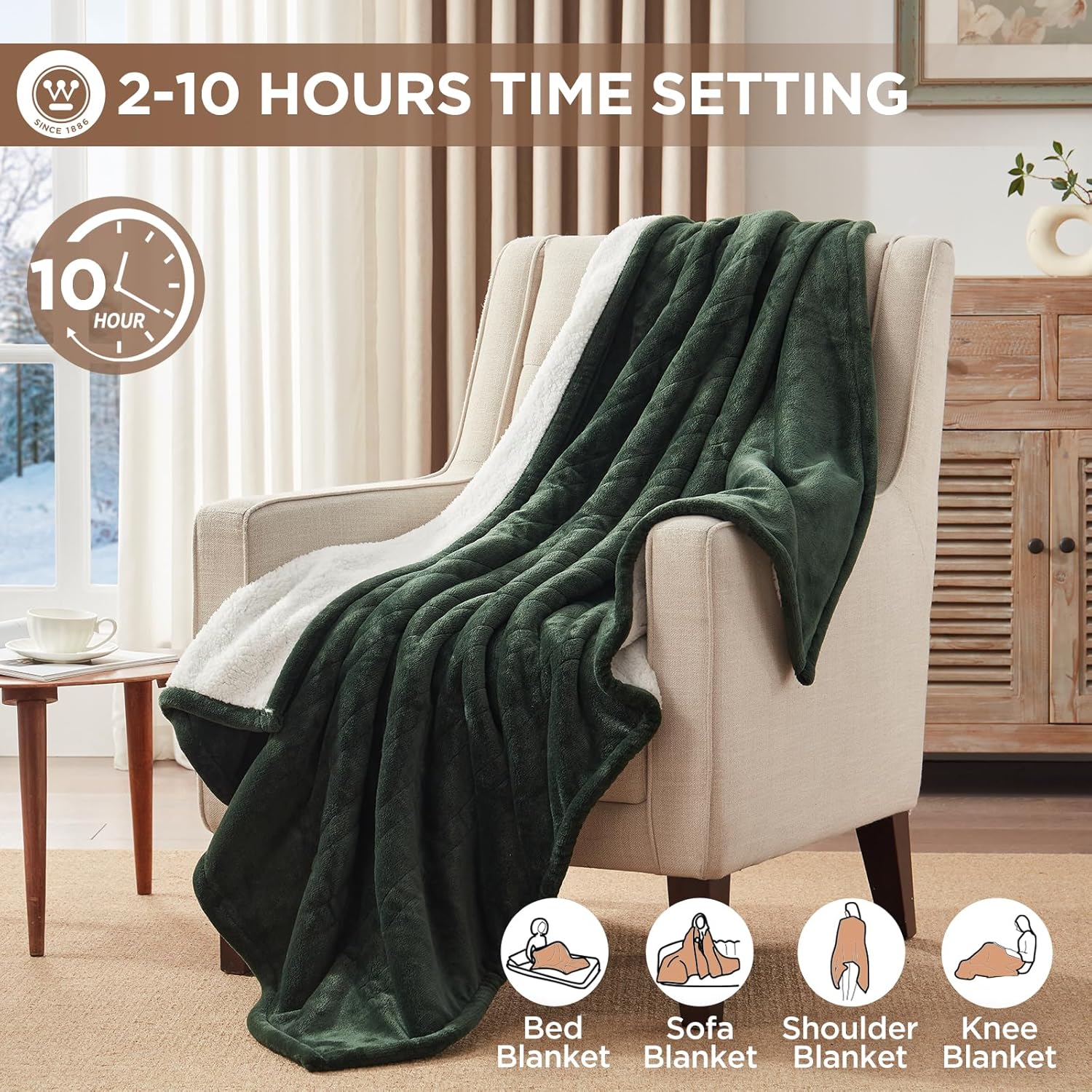 Westinghouse Heated Throw Blanket, Soft Flannel to Sherpa Electric Throw with 6 Heating Levels, 2-10 Hours Time Settings, Fast Heating, Machine Washable 50x60 Inch, Charcoal