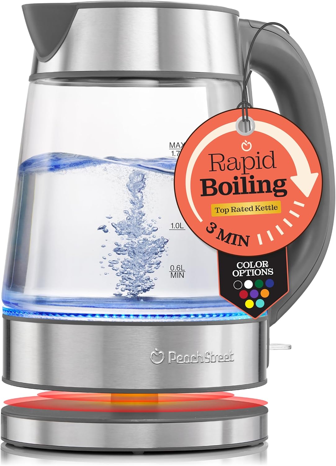 Speed-Boil Electric Kettle For Coffee & Tea - 1.7L Water Boiler 1500W, Borosilicate Glass, Easy Clean Wide Opening, Auto Shut-Off, Cool Touch Handle, LED Light. 360° Rotation, Boil Dry Protection
