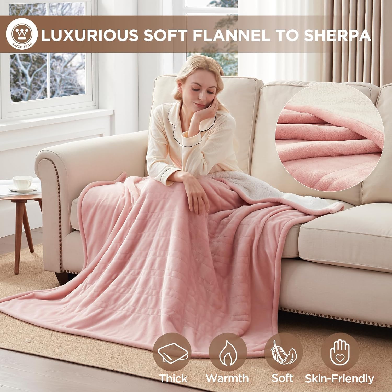 Westinghouse Heated Throw Blanket, Soft Flannel to Sherpa Electric Throw with 6 Heating Levels, 2-10 Hours Time Settings, Fast Heating, Machine Washable 50x60 Inch, Charcoal