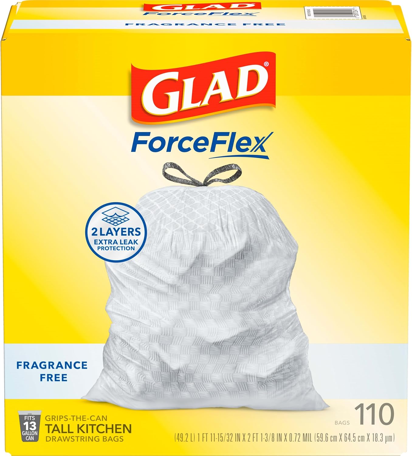 Glad Tall Kitchen Drawstring Trash Bags - Odorshield 13 Gallon White Trash Bag, Febreze Fresh Clean, 110 Count