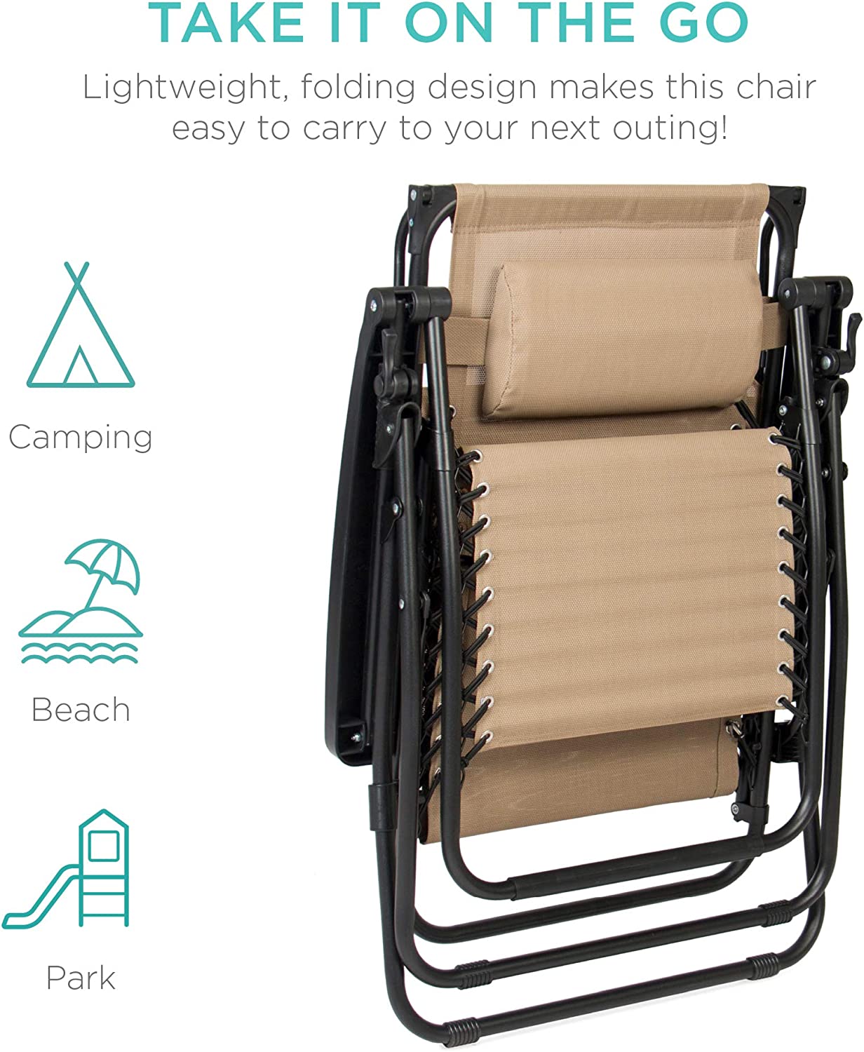 Folding Zero Gravity Outdoor Recliner Patio Lounge Chair w/Adjustable Canopy Shade, Headrest, Side Accessory Tray, Textilene Mesh - Beige