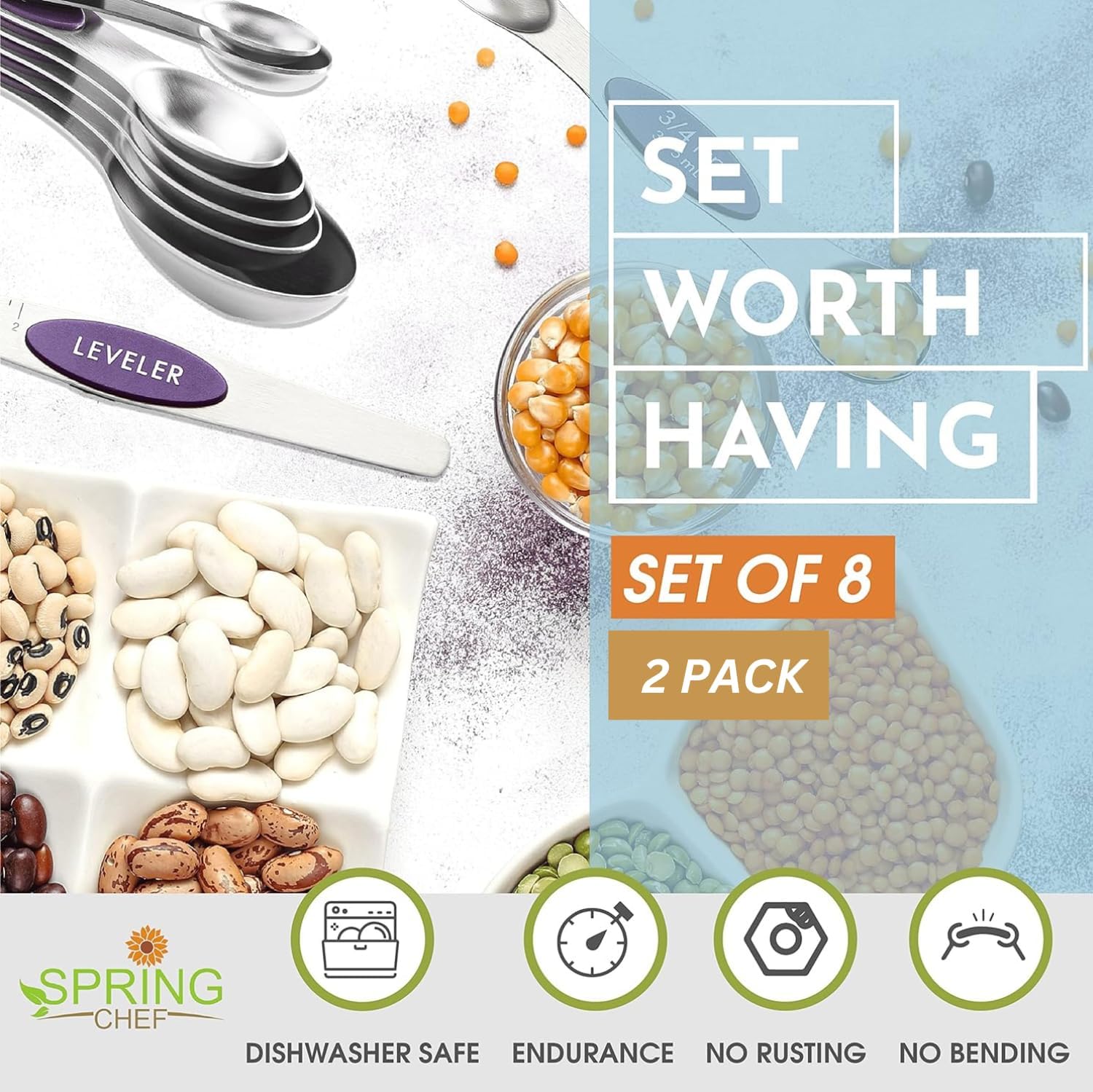 Spring Chef Magnetic Measuring Spoons Set with Strong N45 Magnets, Heavy Duty Stainless Steel Metal, Fits in Most Kitchen Spice Jars for Baking & Cooking, BPA Free, Black, Set of 8 with Leveler