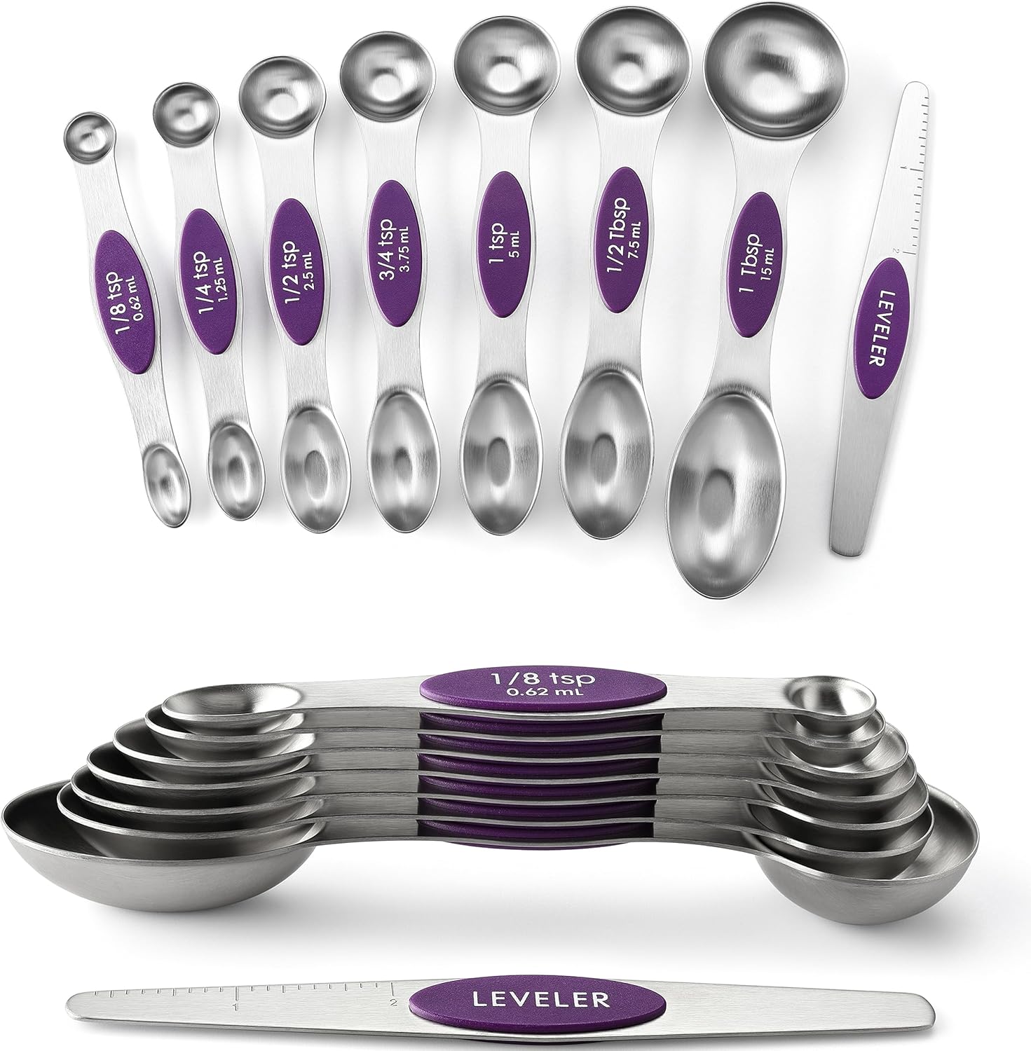 Spring Chef Magnetic Measuring Spoons Set with Strong N45 Magnets, Heavy Duty Stainless Steel Metal, Fits in Most Kitchen Spice Jars for Baking & Cooking, BPA Free, Black, Set of 8 with Leveler