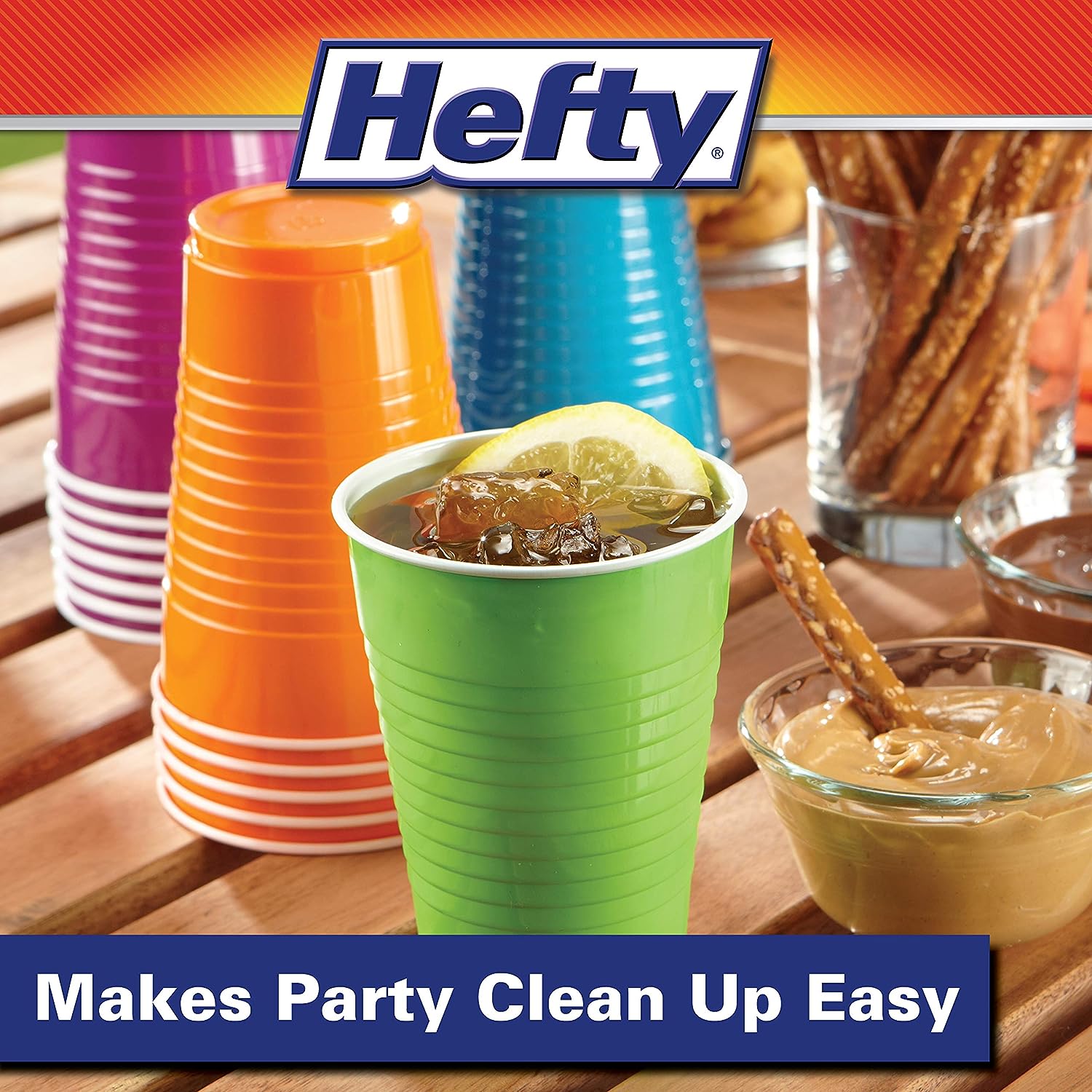 Hefty Party On Disposable Plastic Cups, Assorted, 16 Ounce, 100 Count