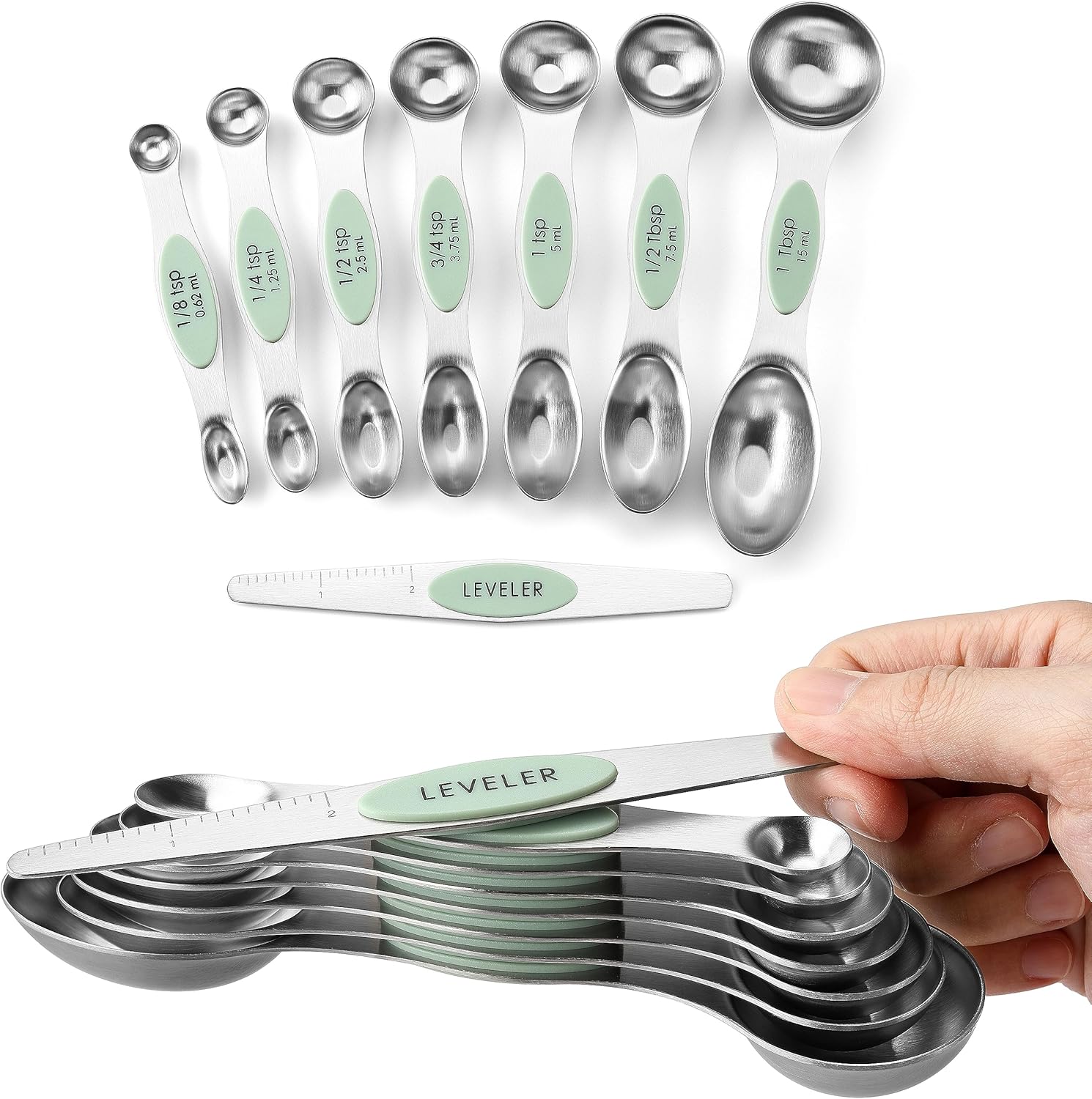 Spring Chef Magnetic Measuring Spoons Set with Strong N45 Magnets, Heavy Duty Stainless Steel Metal, Fits in Most Kitchen Spice Jars for Baking & Cooking, BPA Free, Black, Set of 8 with Leveler