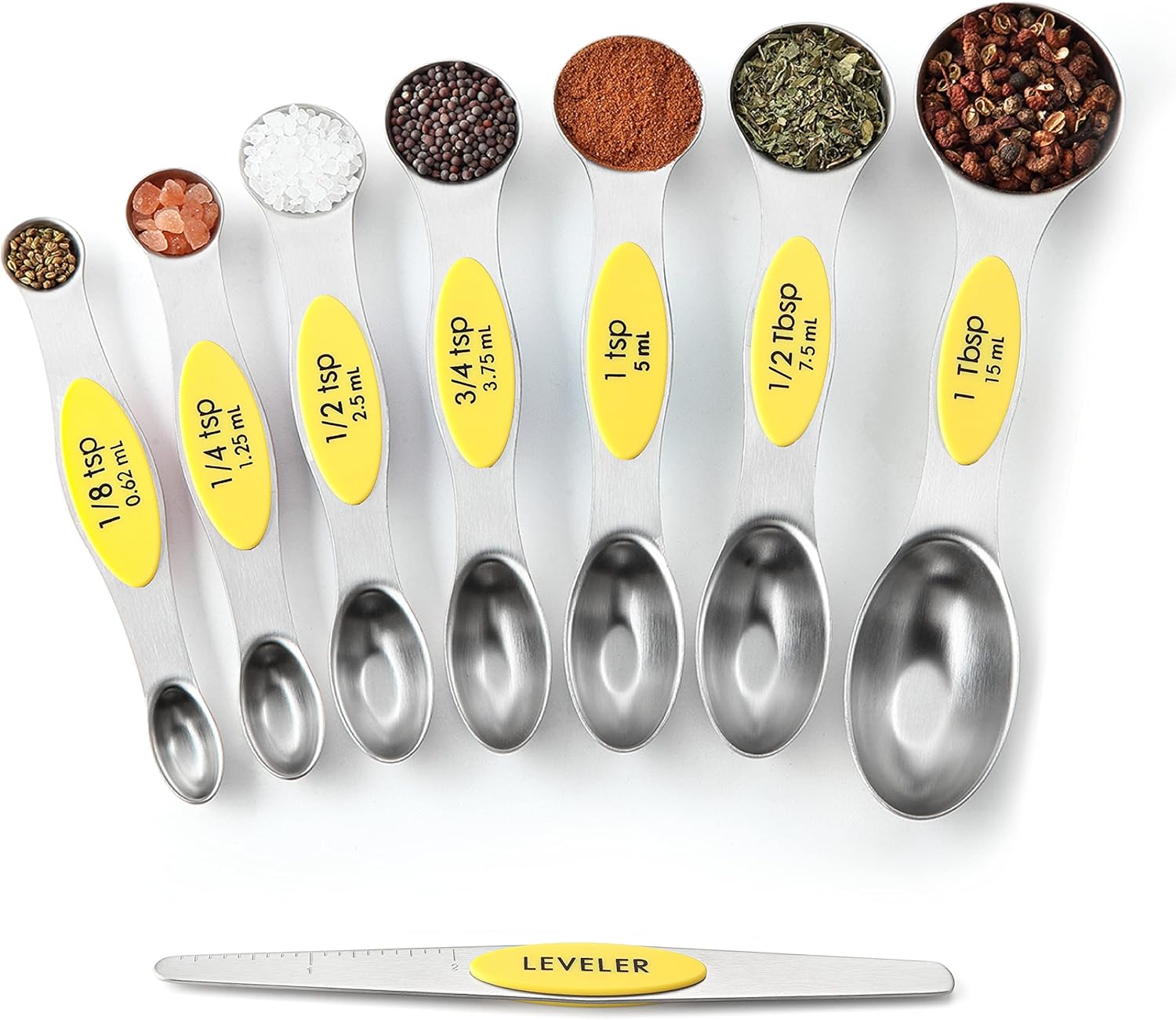 Spring Chef Magnetic Measuring Spoons Set with Strong N45 Magnets, Heavy Duty Stainless Steel Metal, Fits in Most Kitchen Spice Jars for Baking & Cooking, BPA Free, Black, Set of 8 with Leveler