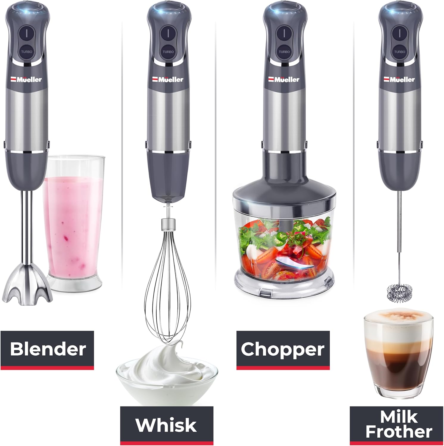 Mueller Multistick 800W 4-in-1 Immersion Blender Handheld, 12 Speed Hand Mixer - Turbo Boost, Heaviest Duty Copper Motor, Titanium Blades Hand Blender, Milk Frother Wand, Whisk, Beaker, Chopper