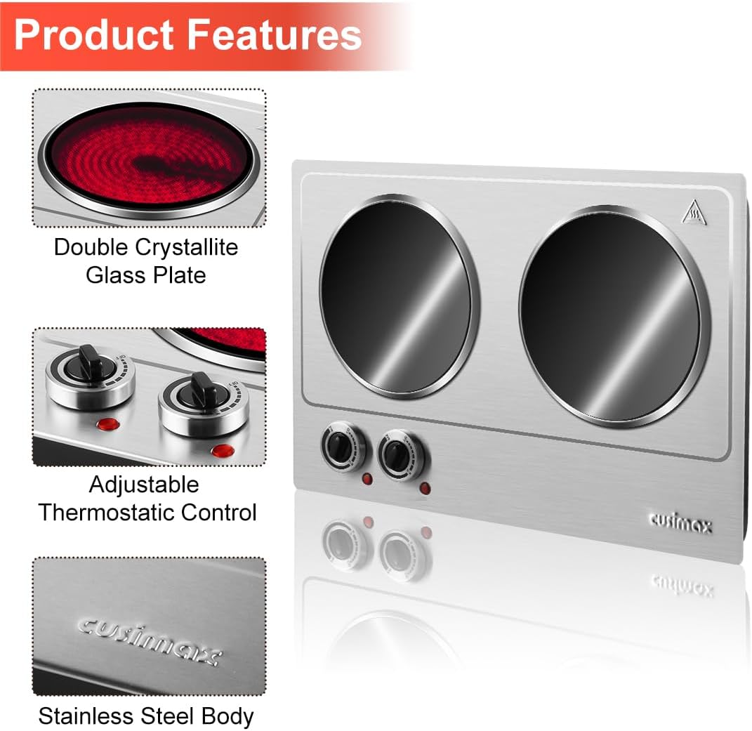 CUSIMAX Electric Hot Plate for Cooking Portable Single Burner 1500W Cast Iron hot plates Heat-up in Seconds Adjustable Temperature Control Stainless Steel Non-Slip Rubber Feet Upgraded Version B101