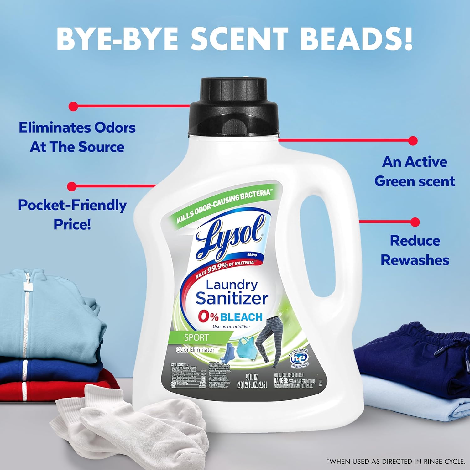 Lysol Sport Laundry Sanitizer Additive, Sanitizing Liquid for Gym Clothes and Activewear, Eliminates Odor Causing Bacteria, 90oz