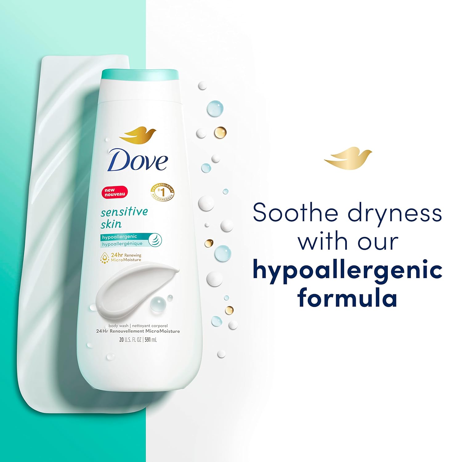 Dove Body Wash 3 Count with Pump Sensitive Skin Hypoallergenic, Paraben-Free, Sulfate-Free, Cruelty-Free, Moisturizing Skin Cleanser Effectively Washes Away Bacteria While Nourishing Skin 30.6 oz