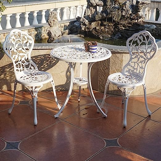 Sets 3 Piece cast Aluminum Patio Furniture Outdoor Garden Metal Rust Proof Tables and Chairs White bisrto Set (Leaf-White)
