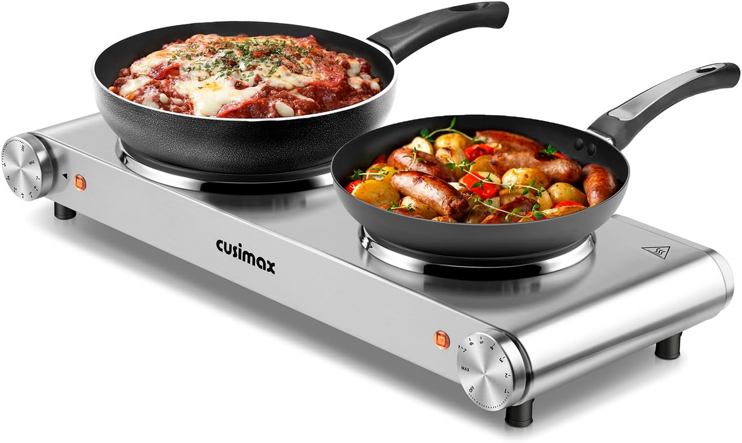 CUSIMAX Electric Hot Plate for Cooking Portable Single Burner 1500W Cast Iron hot plates Heat-up in Seconds Adjustable Temperature Control Stainless Steel Non-Slip Rubber Feet Upgraded Version B101
