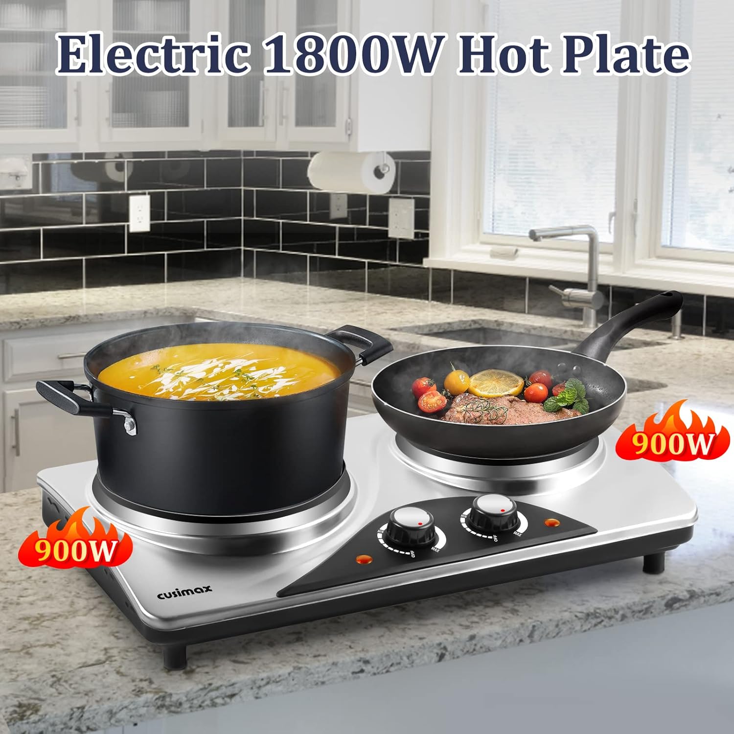 CUSIMAX Electric Hot Plate for Cooking Portable Single Burner 1500W Cast Iron hot plates Heat-up in Seconds Adjustable Temperature Control Stainless Steel Non-Slip Rubber Feet Upgraded Version B101