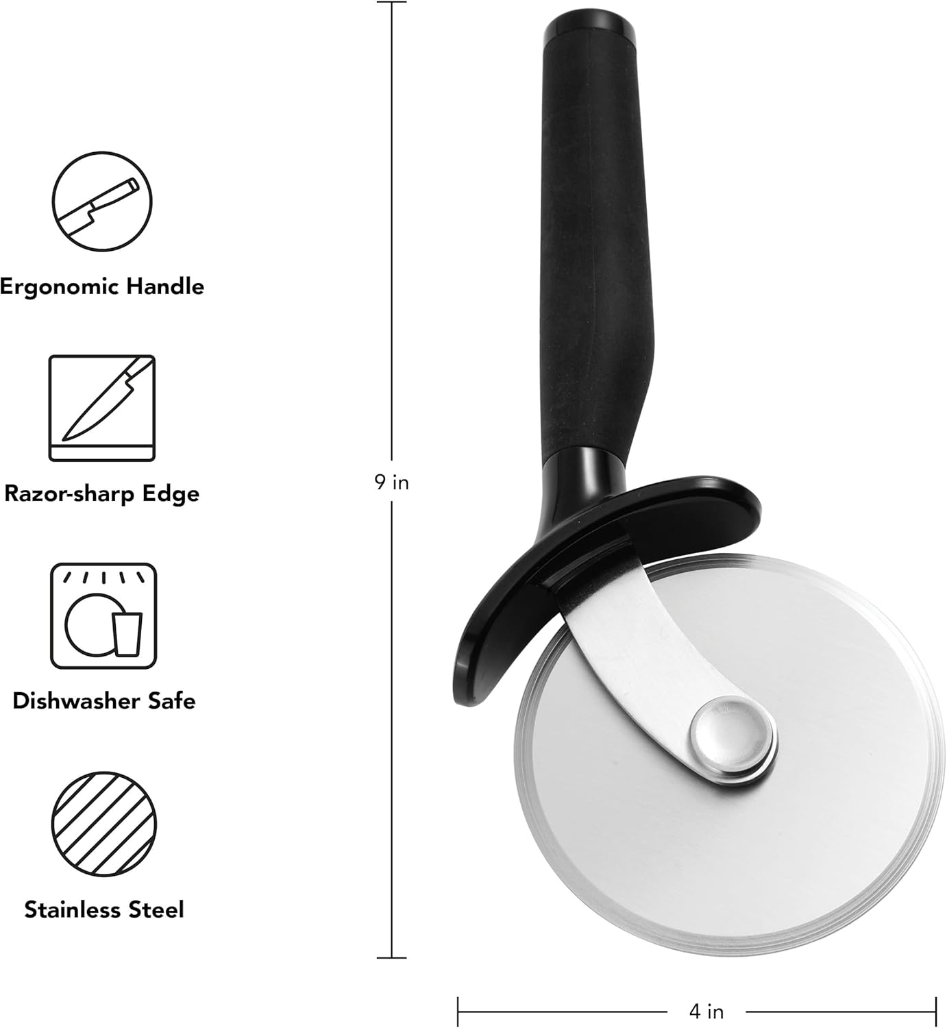 KitchenAid Classic Pizza Wheel with Sharp Blade For Cutting Through Crusts, Pies and More, Built In Finger Guard for Safety and Comfort Grip to Protect Fingers, Dishwasher Safe, 9-Inch, Black
